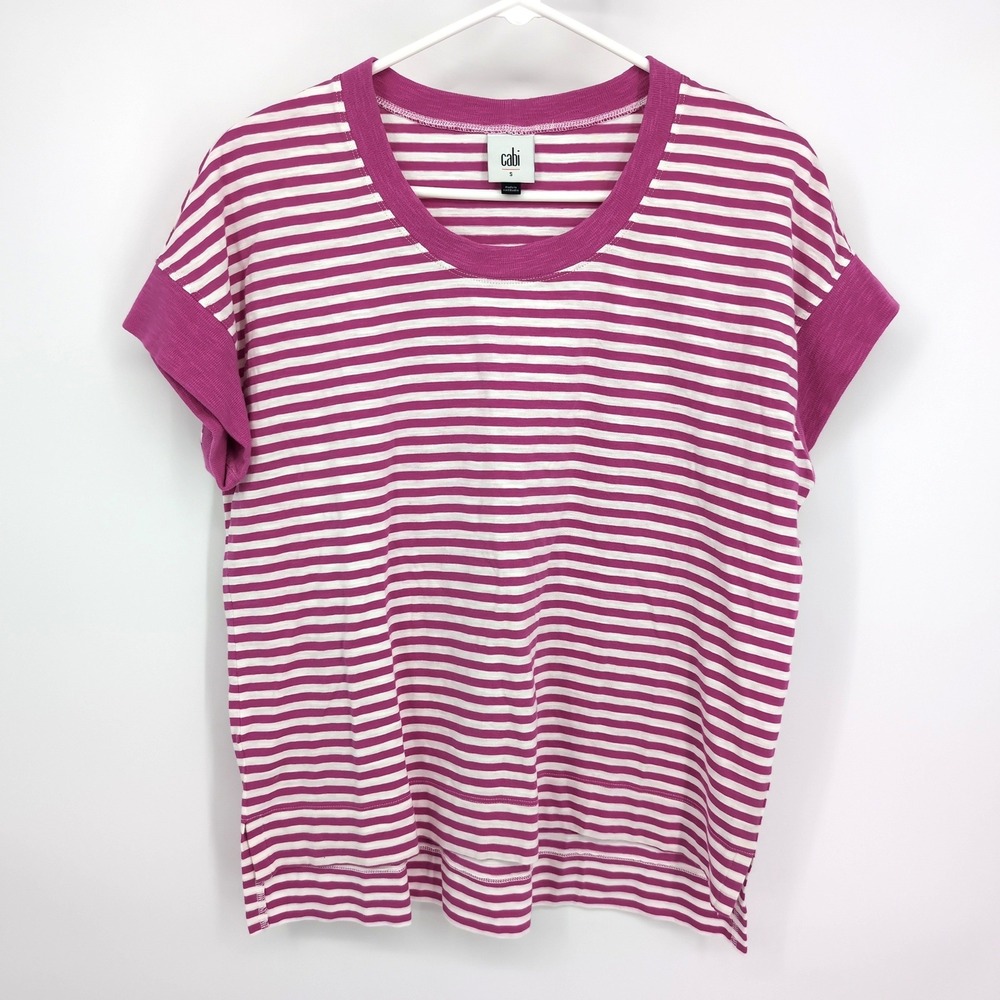 Cabi T-Shirt Purple White Striped Short Sleeve Crew Neck 6212 Women's Size Small